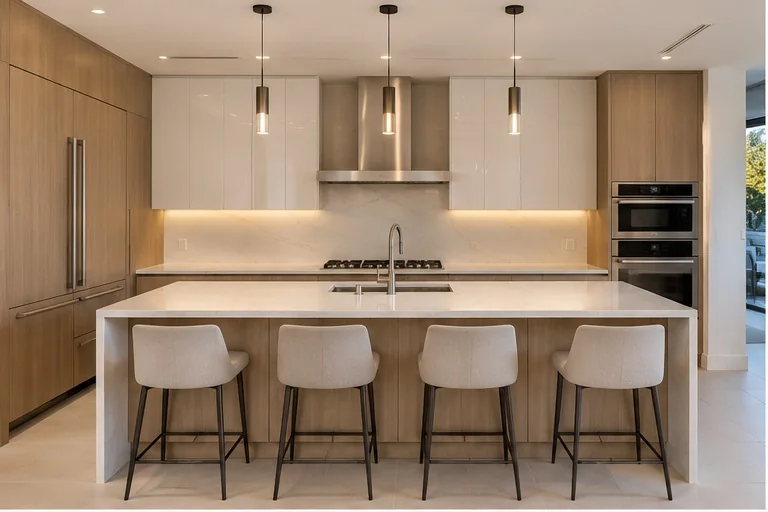 Oak veneer kitchen cabinetry from Luna Cabinets’ Newport Beach project